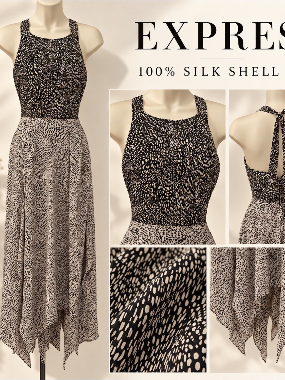 Express 100% Silk Halter Maxi Dress XS | Abstract Print Handkerchief Hem